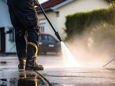 Pressure washing patio tiles for deep cleaning